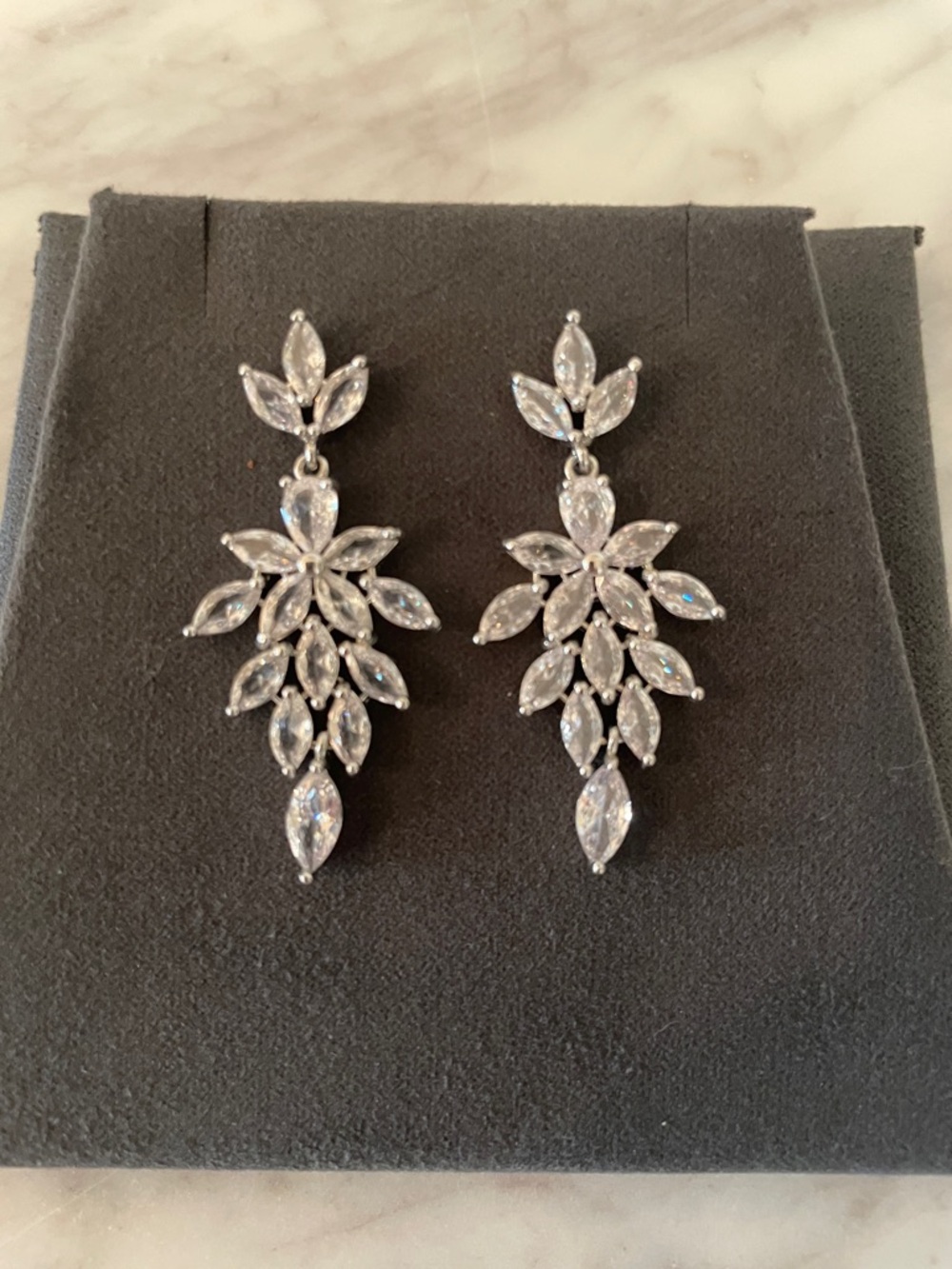 Silver Crystal Marquise Cluster Drop Earrings - White